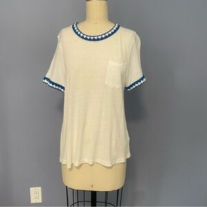 Joseph A Women’s White Linen Blend Tee w/ Crochet Collar & Cuffs Size Large
